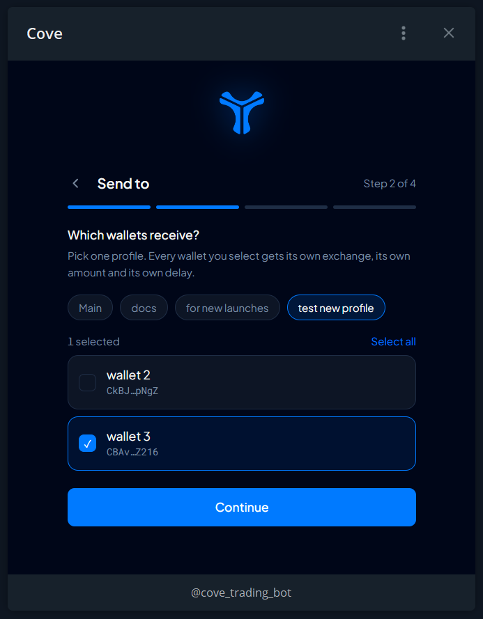 Step 2: select the profile and the wallets that will receive funds.