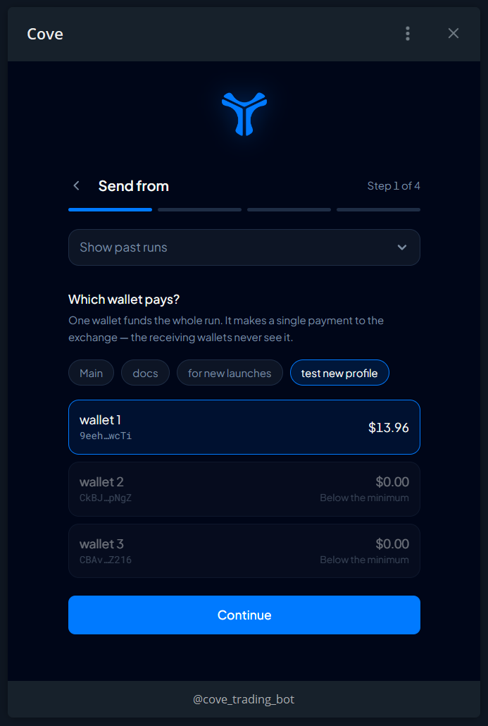 Step 1: choose the wallet that pays for the Private Disperse run.