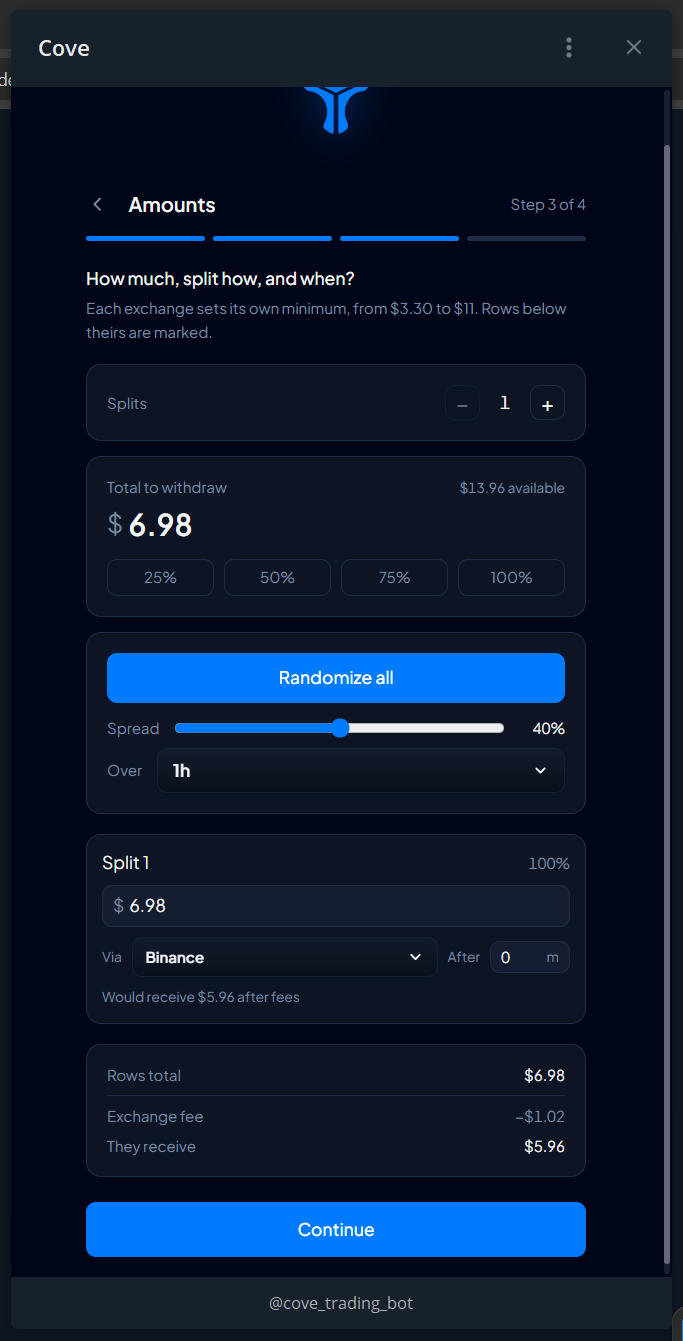 Step 3: configure the withdrawal total, splits, exchanges, and delays before final review.