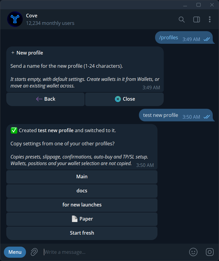After creating a profile, copy another profile's settings or choose Start fresh.