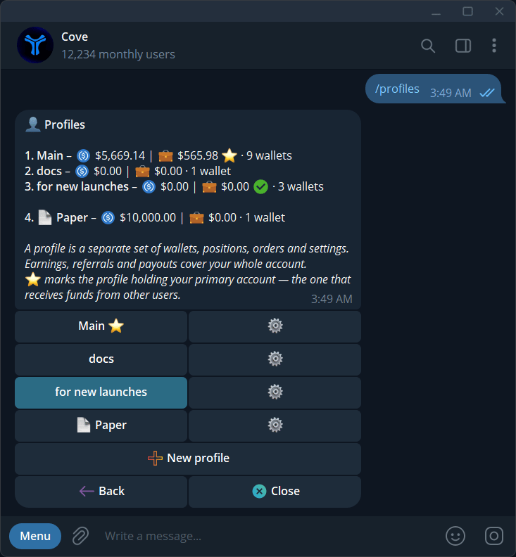 Profiles and their balances, wallet counts, active selection, and settings.