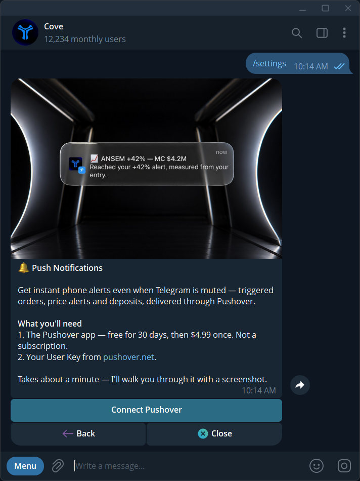 The Push Notifications introduction and Connect Pushover button, before connecting an account.