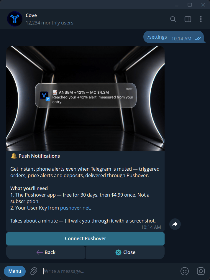 The Push Notifications introduction and Connect Pushover button, before connecting an account.