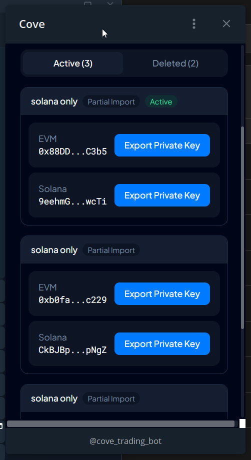 Active wallets with export controls. No private keys are displayed.