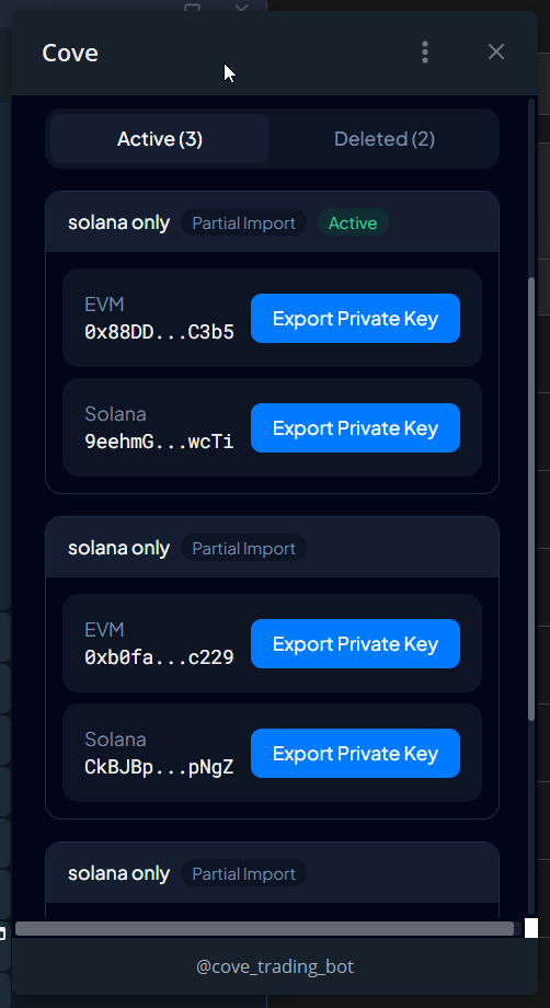 Active wallets with export controls. No private keys are displayed.