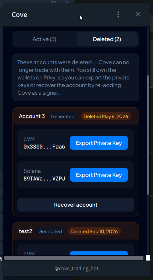 Deleted wallets with the Recover account option. No private keys are displayed.