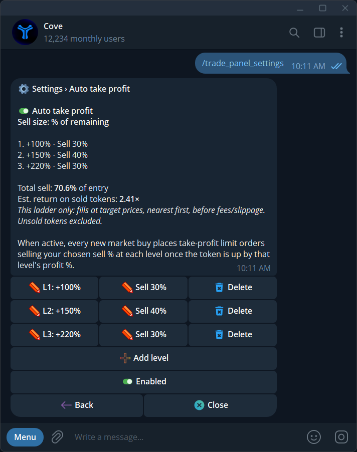 An Auto TP ladder with editable gain levels, sell sizes, and a total-sell summary.