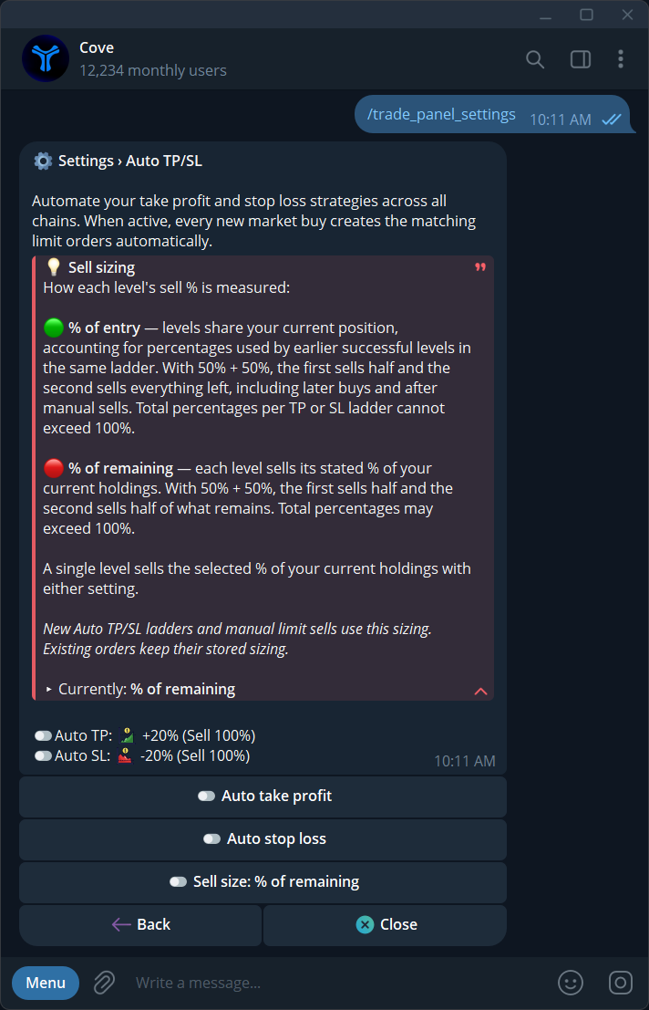 The Auto TP/SL hub explains sell sizing and shows the automation toggles.