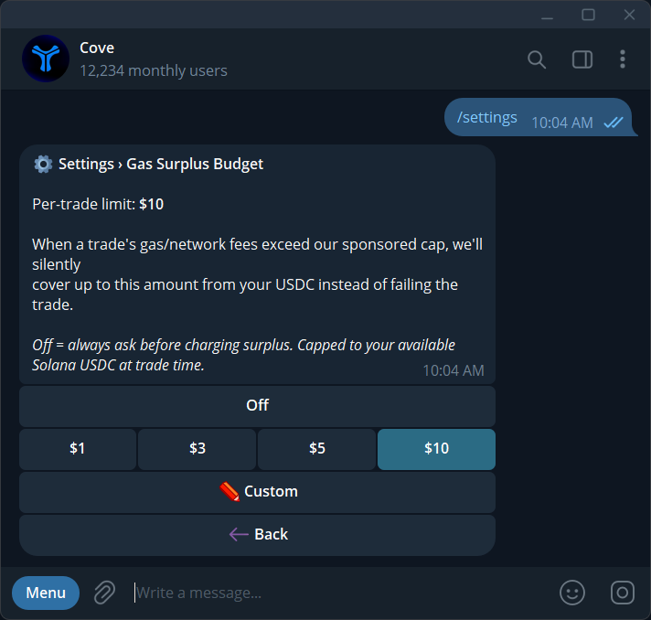 Gas surplus budget: choose Off, a preset, or a custom per-trade limit.