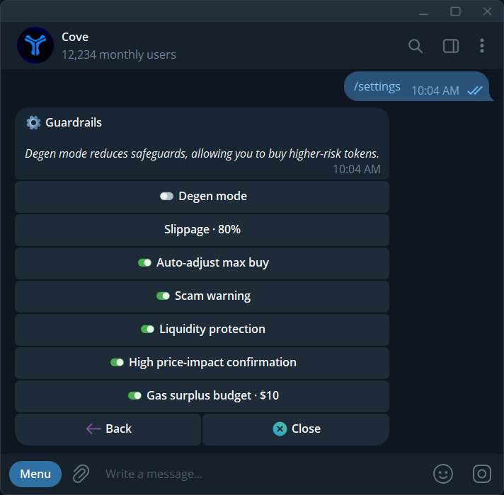 Guardrails and their current values in this example profile; these are not recommended settings.