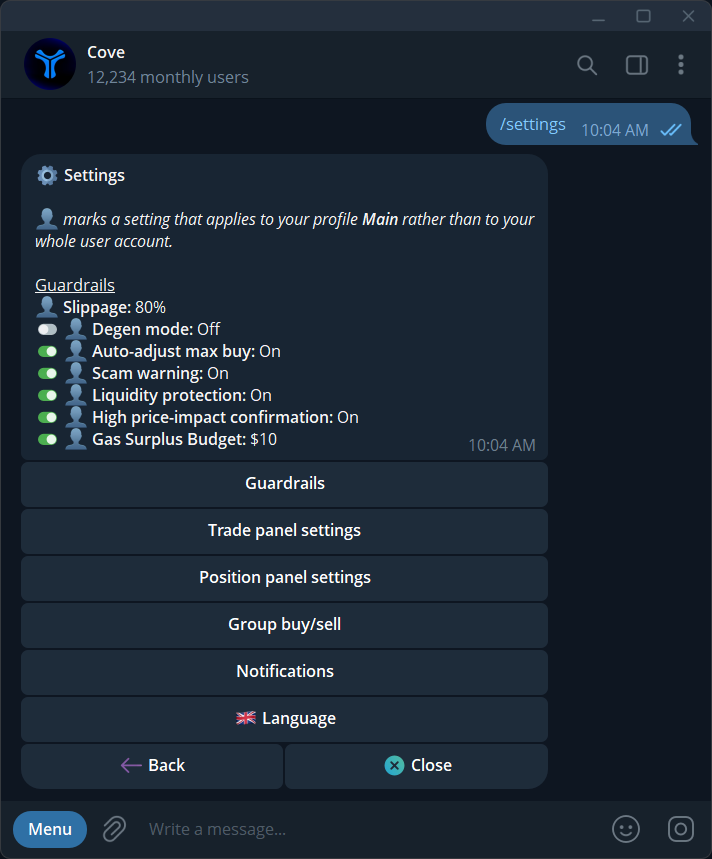 Settings categories and the profile-specific setting indicator.