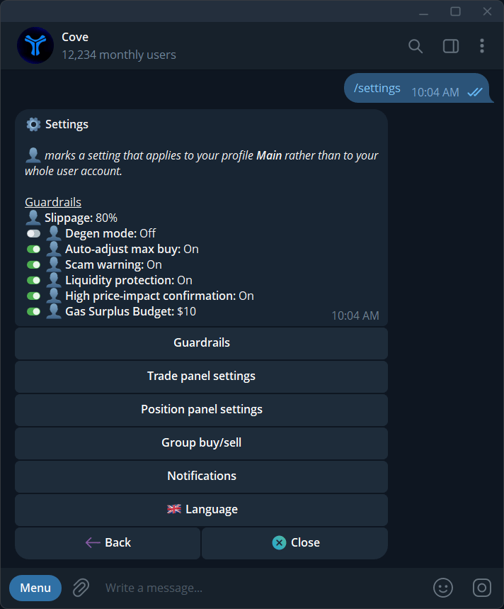 Settings categories and the profile-specific setting indicator.