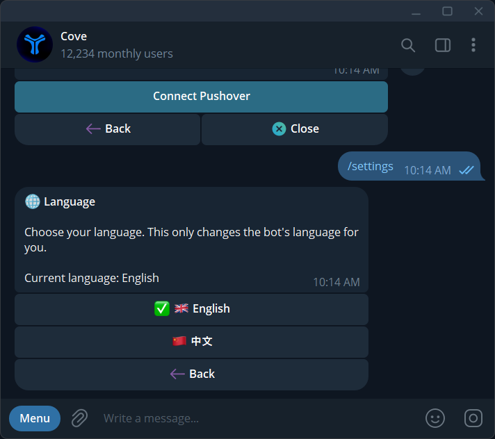 Choose English or Chinese for your own bot interface.