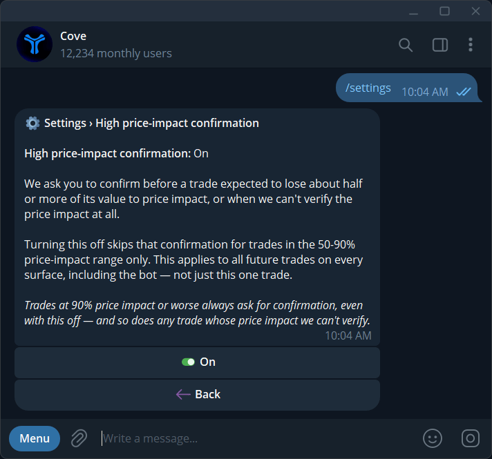 The High price-impact confirmation setting and the conditions that still require review.