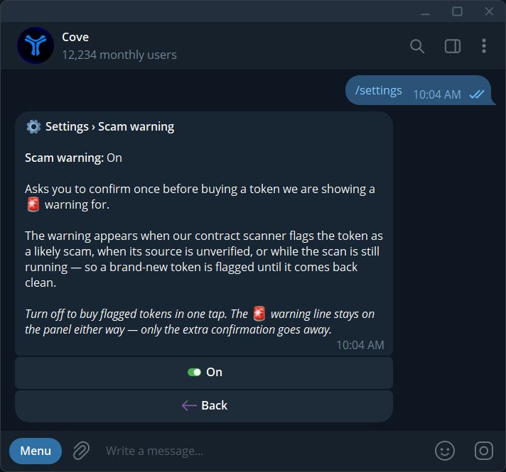 The Scam warning setting explains flagged-token confirmation.