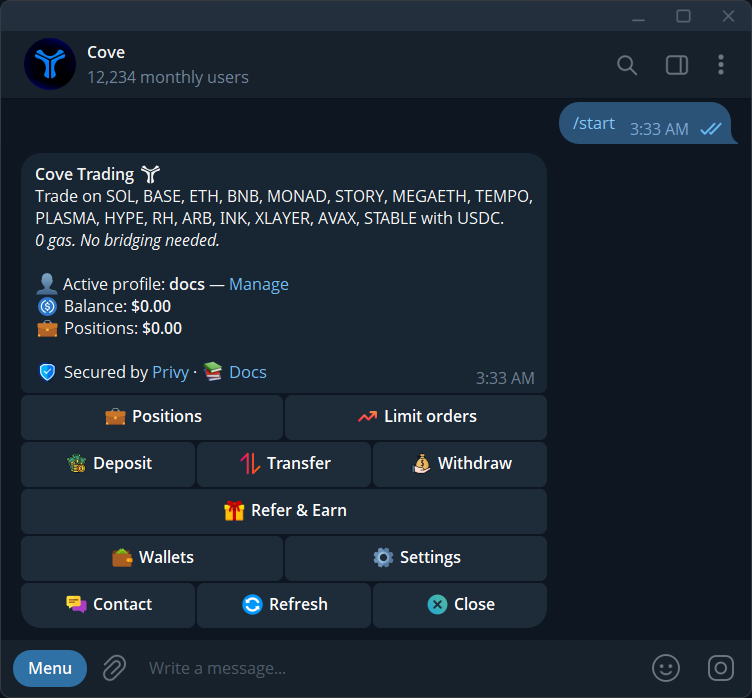 Cove's main menu with the active profile, balance, positions, and navigation buttons.