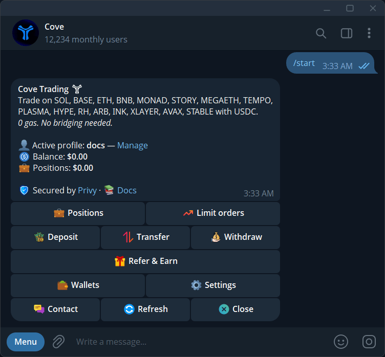 Cove's main menu with the active profile, balance, positions, and navigation buttons.