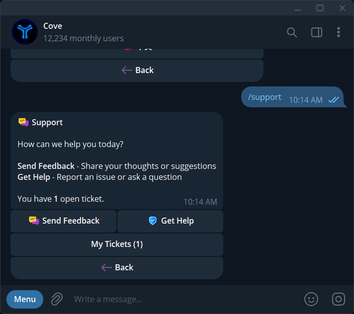 Support options: Send Feedback, Get Help, and My Tickets.