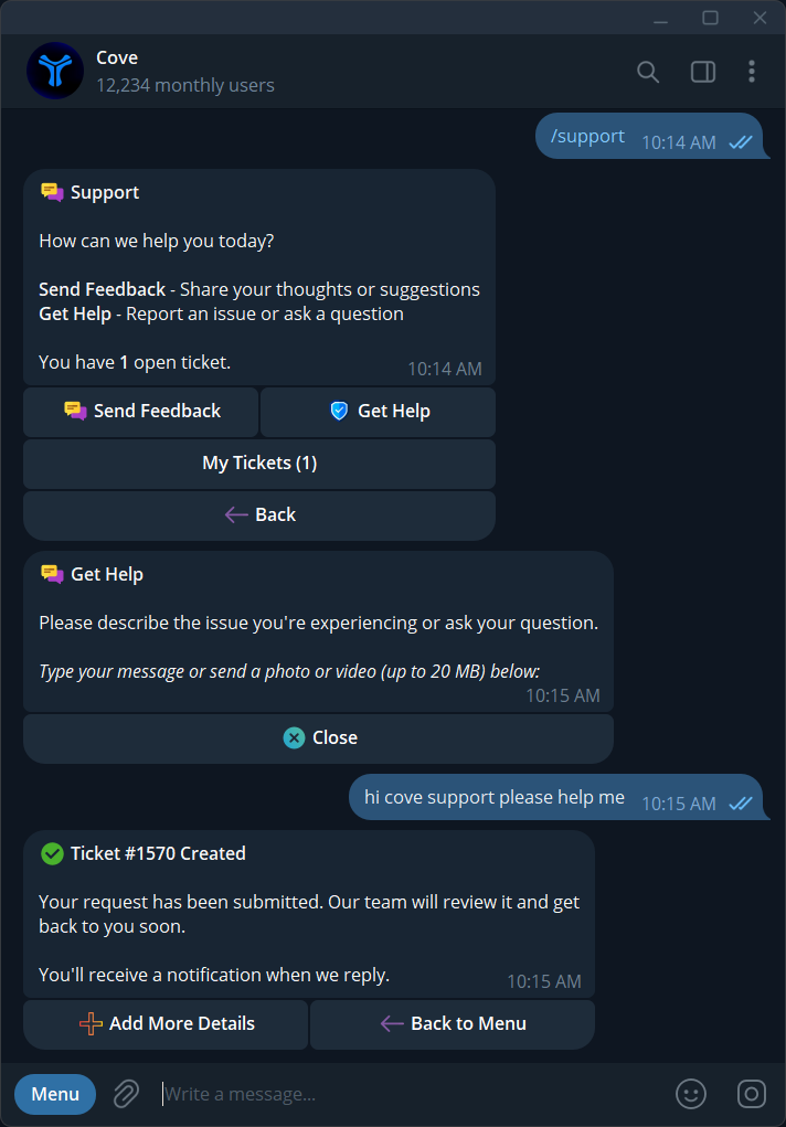 The Get Help prompt and confirmation that a support ticket was created.