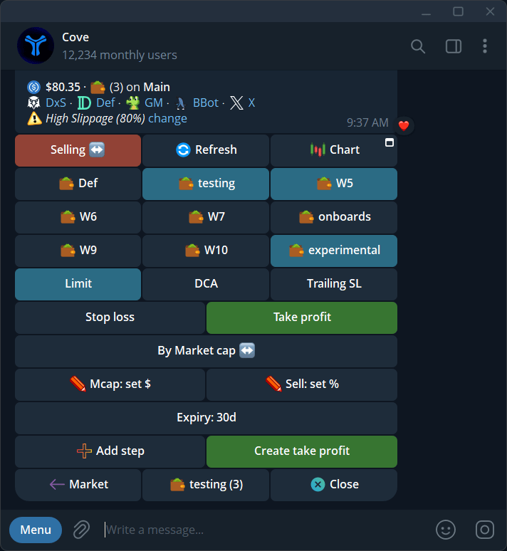 Take-profit setup in By Market cap mode, before entering the target and sell size.