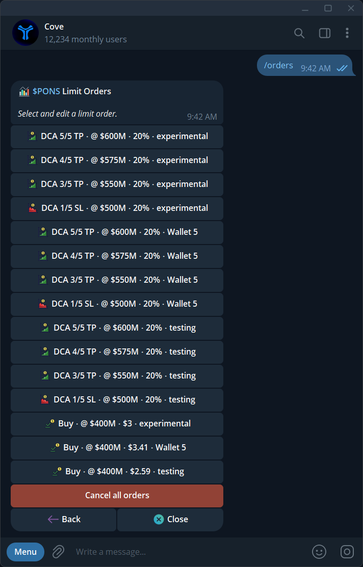 A token's order list, including DCA rungs and limit buys.
