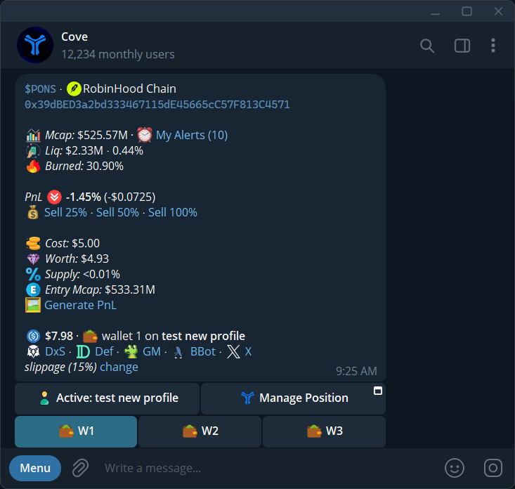 A token panel with market data, position values, slippage, and the active profile.