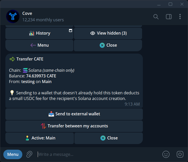 Choose an external recipient or transfer the token between your own accounts.