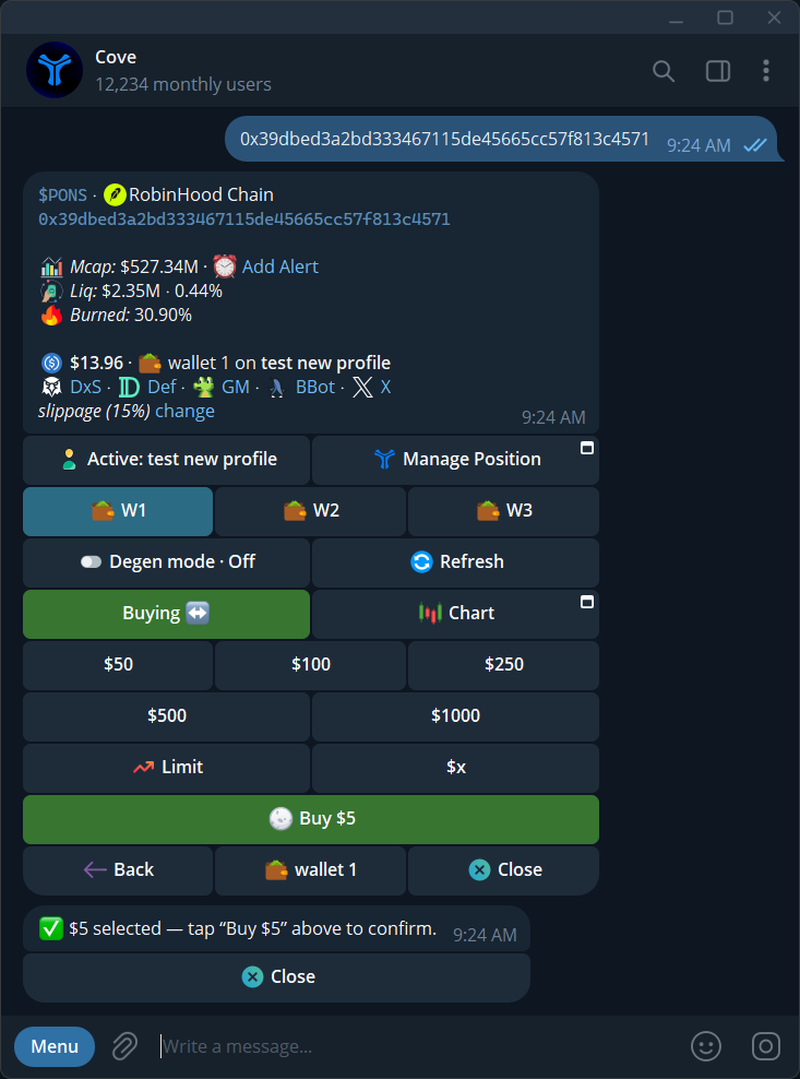 A selected buy amount and the Buy confirmation button on the token panel.