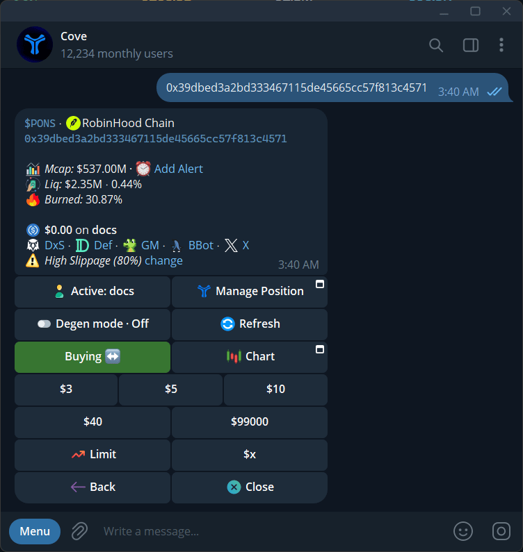 An example Buying panel; presets and slippage are saved user settings, not recommendations.