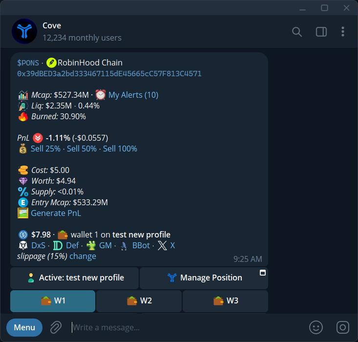 The token position after a purchase, showing Cost, Worth, and PnL.