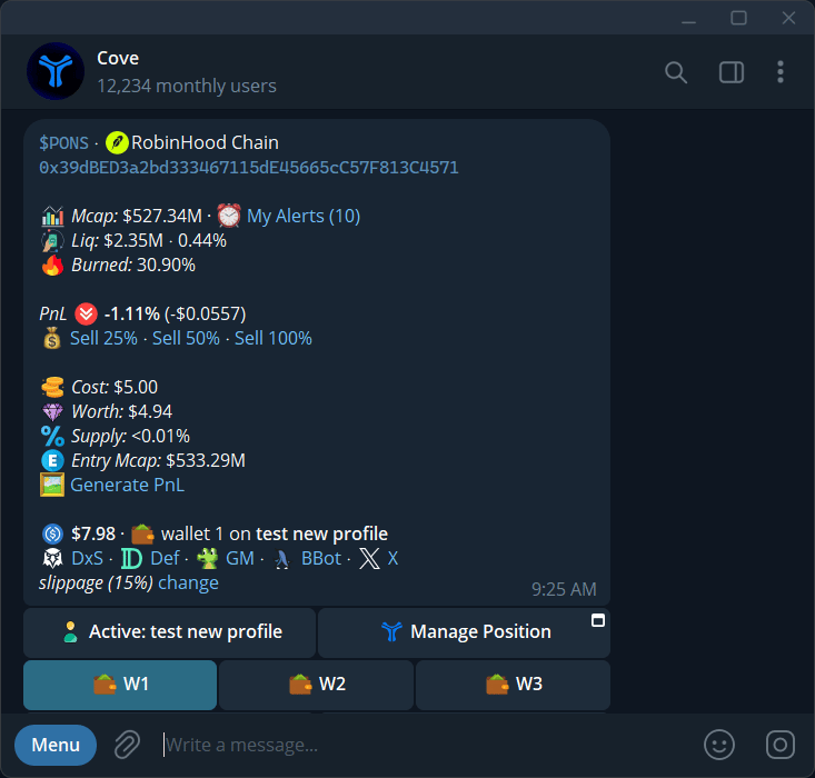 The token position after a purchase, showing Cost, Worth, and PnL.