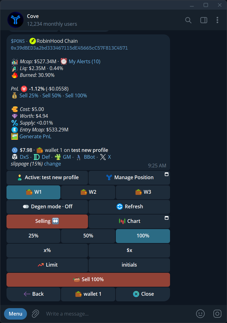 The Selling panel with percentage presets, custom size, initials, and a confirmation button.