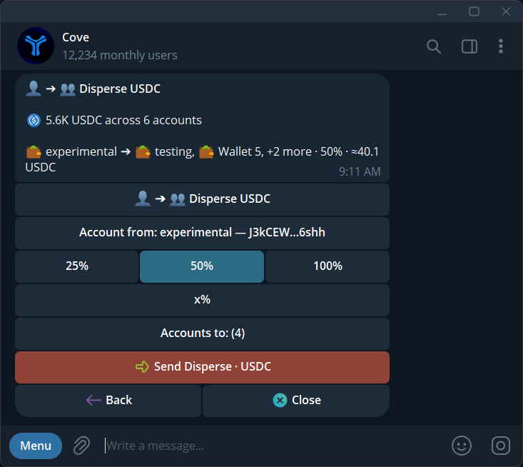 Review the source wallet, selected recipients, and allocation before sending a standard disperse.