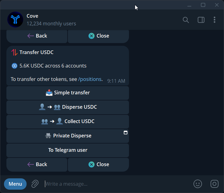 The USDC transfer menu: simple transfer, disperse, collect, and other available options.