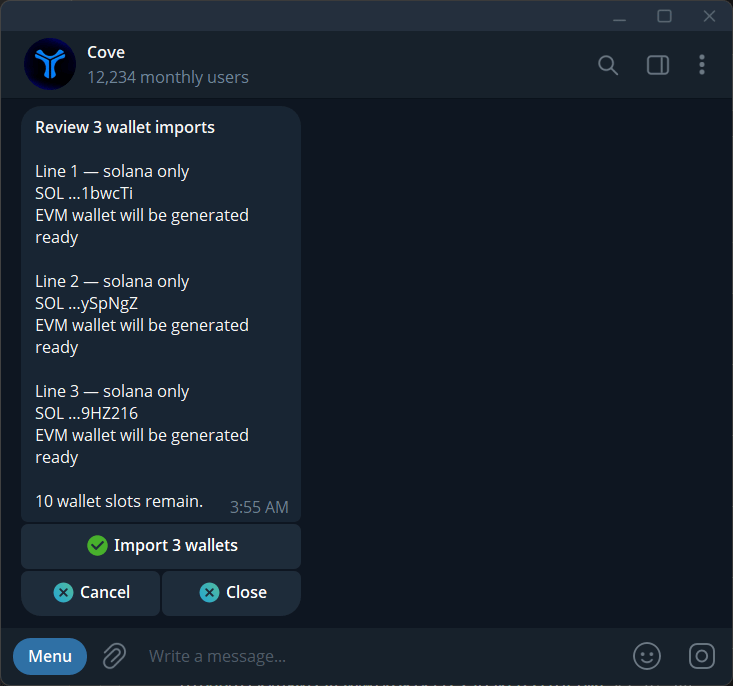Review a CSV batch's wallet summaries and remaining slots before importing.