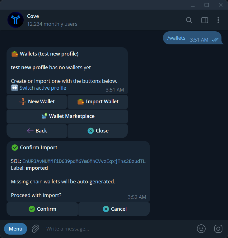 Confirm a wallet import using its public address and label. No private key is displayed.