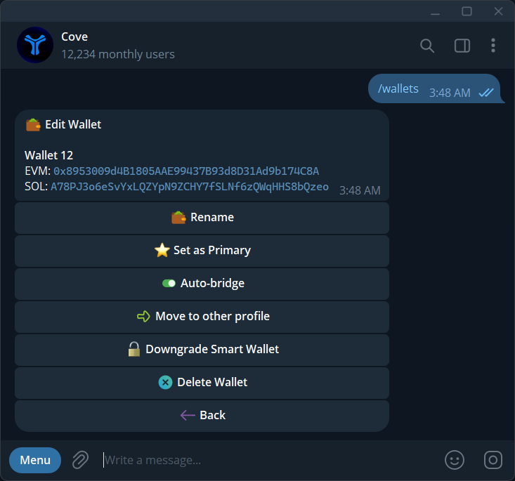Wallet settings: rename, primary status, auto-bridge, profile, and access controls.