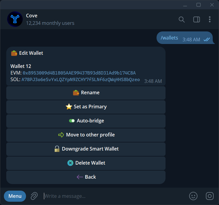 Wallet settings: rename, primary status, auto-bridge, profile, and access controls.