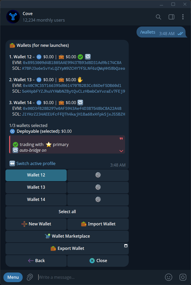 The wallet list with balances, selected wallets, primary status, and management controls.