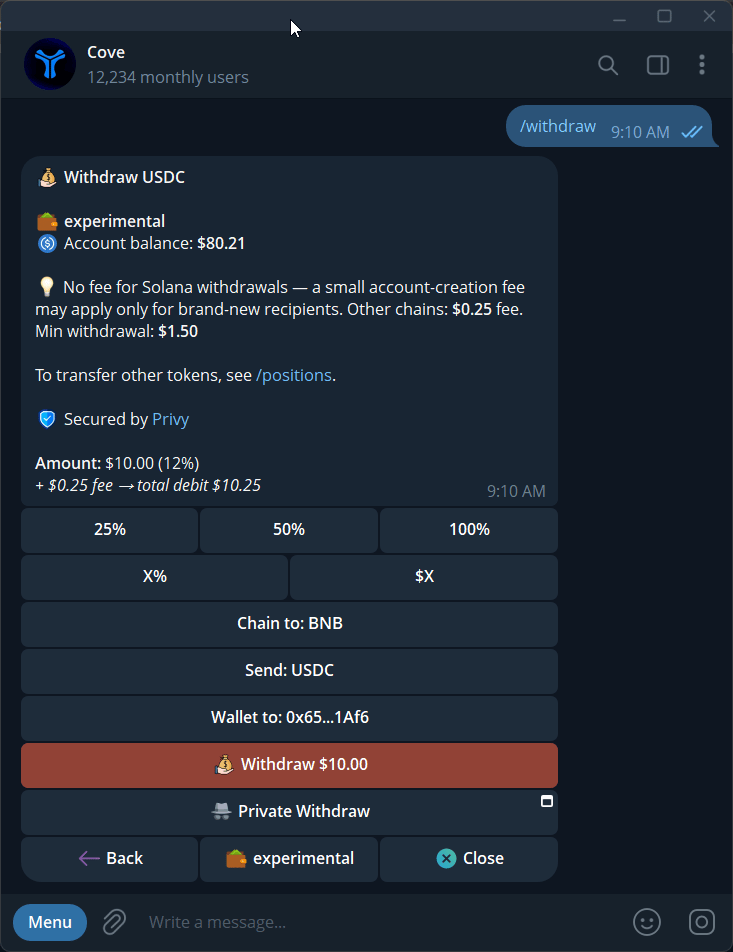A withdrawal form with the source, network, recipient, amount, fee, and final action.
