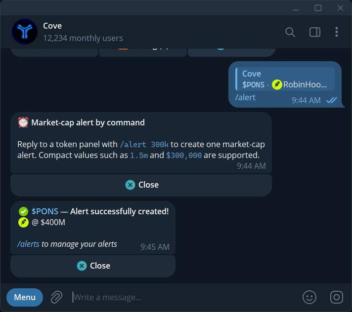 An alert created with a reply command and its confirmation.