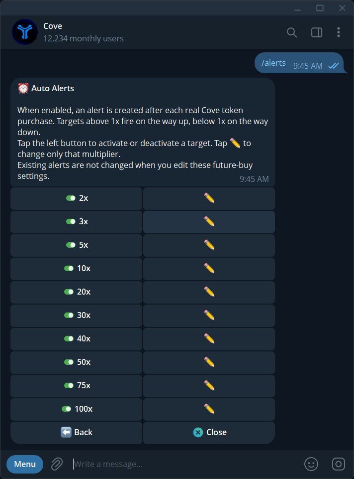 Auto alerts: enable the feature and edit the gain multiples for future buys.