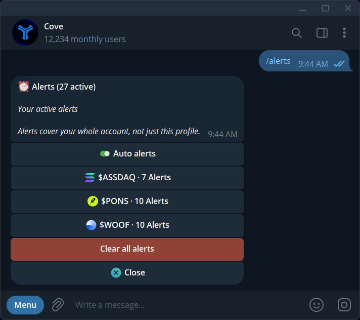 Active alerts grouped by token, with Auto alerts and Clear all alerts controls.