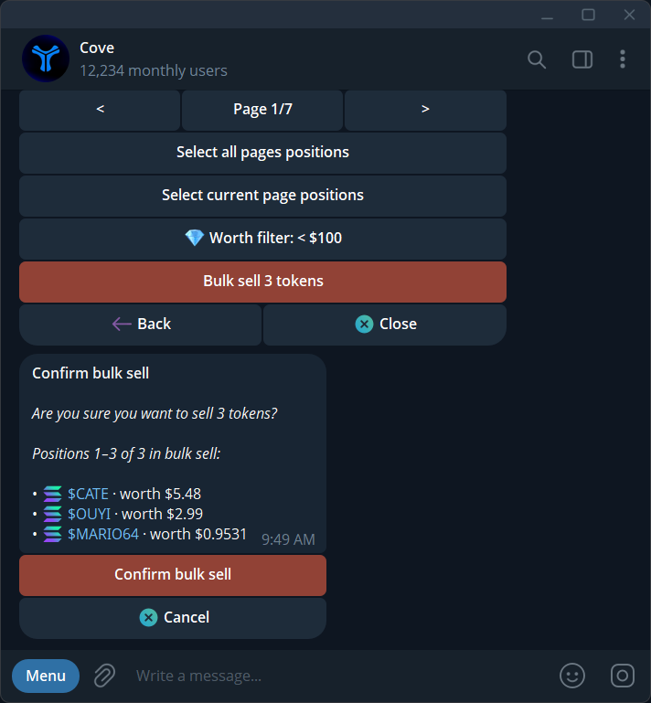 Review the selected positions and total before confirming a bulk sell.