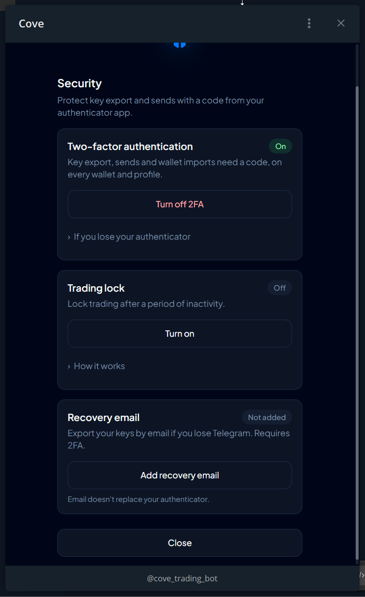 Cove Wallets Security overview after setup, with no code visible.