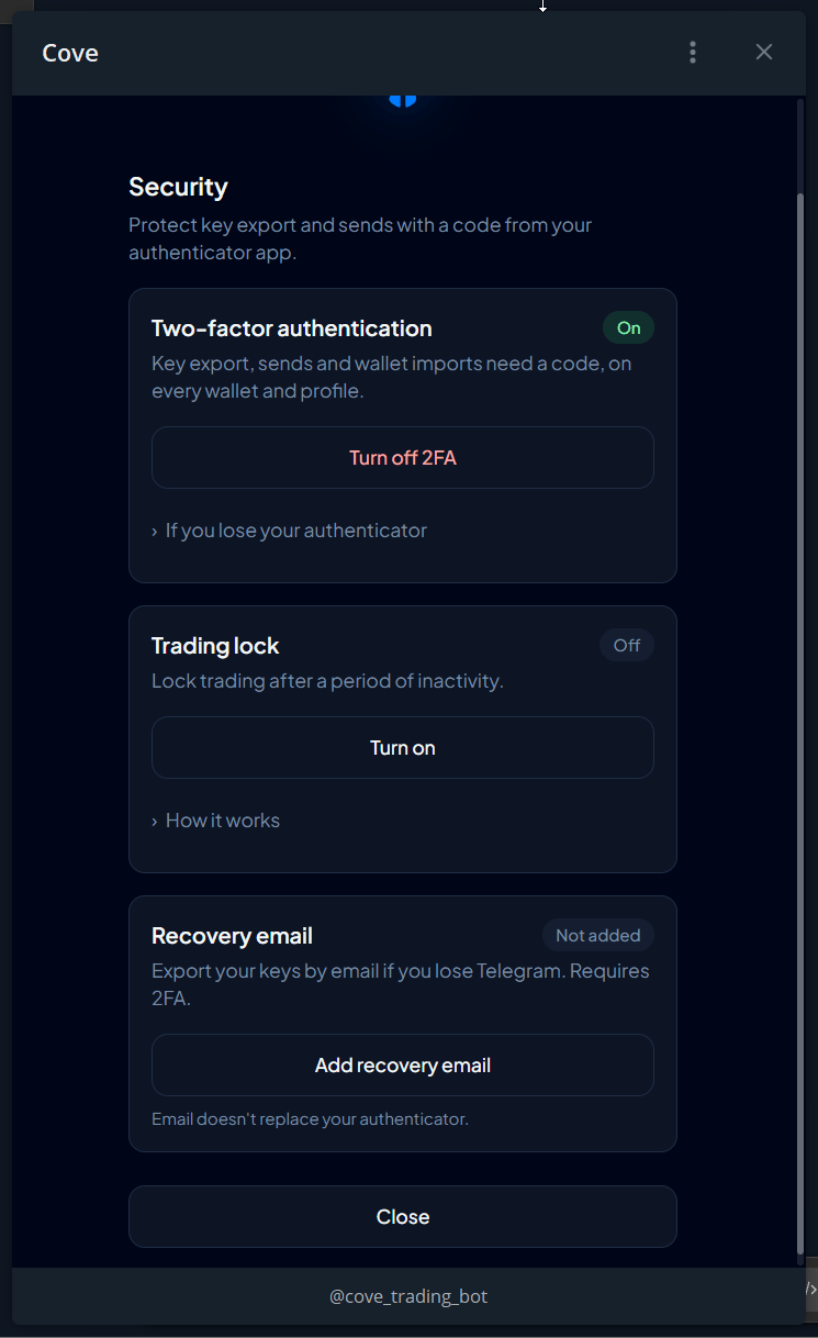 Cove Wallets Security overview after setup, with no code visible.