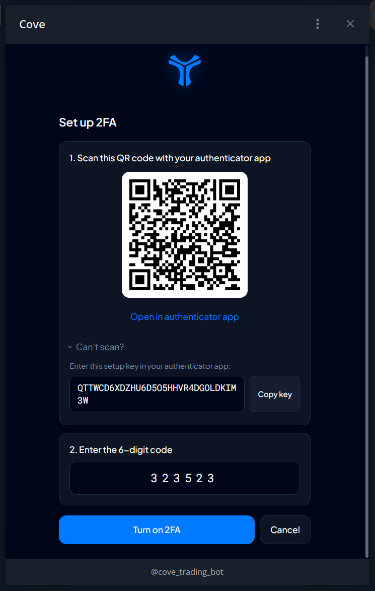 Example 2FA setup screen; the QR, setup key, and code shown are no longer valid.