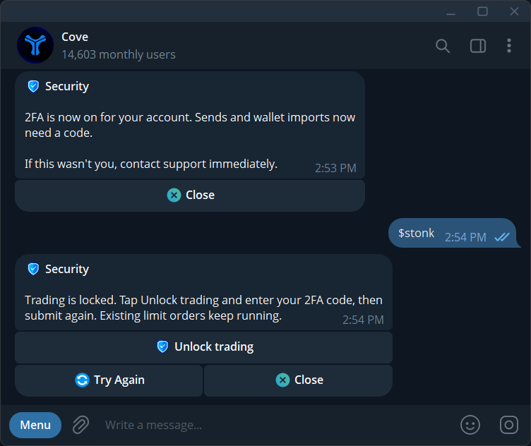 Telegram locked status and Unlock trading button, without a code.