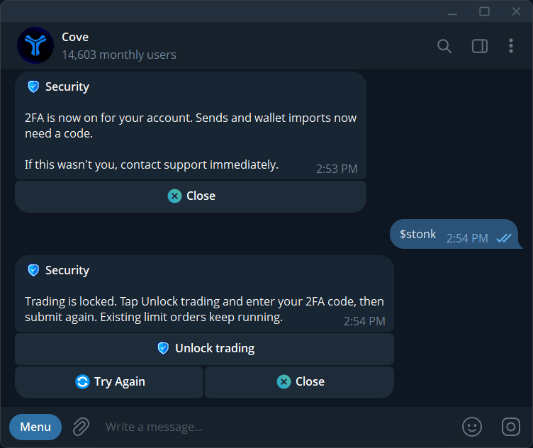 Telegram locked status and Unlock trading button, without a code.