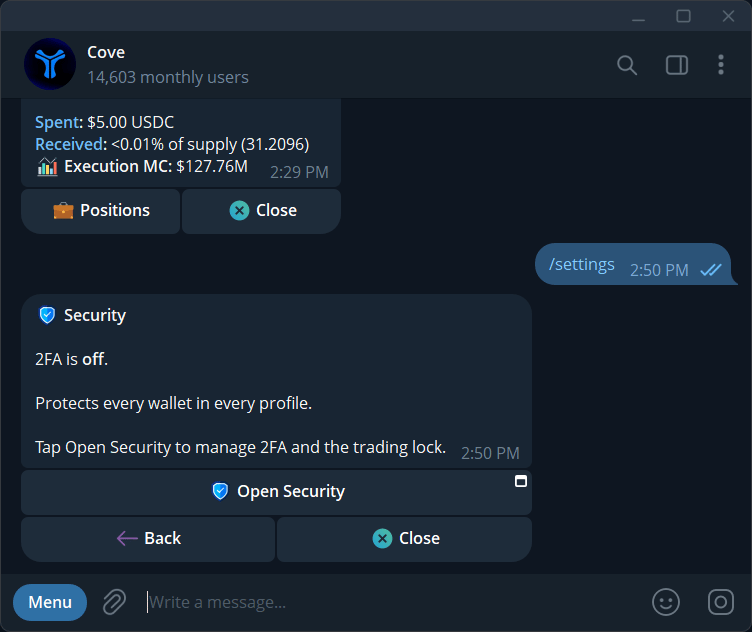 Telegram Settings → Security showing 2FA and trading status, without codes.